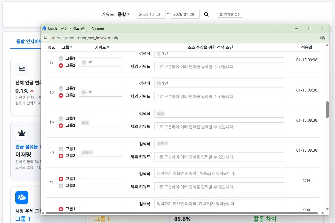 키워드 관리 화면